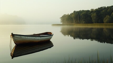 Fototapeta premium A peaceful boat ride on a calm lake, water gently lapping against the sides