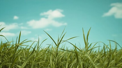 Obraz premium Landscape view of green grass field with blue skybackground : Generative AI
