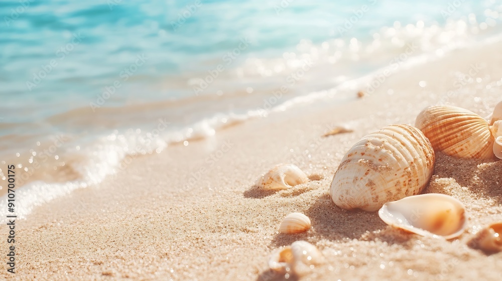Poster bullet point slide show presentation background beach scene with shells : Generative AI