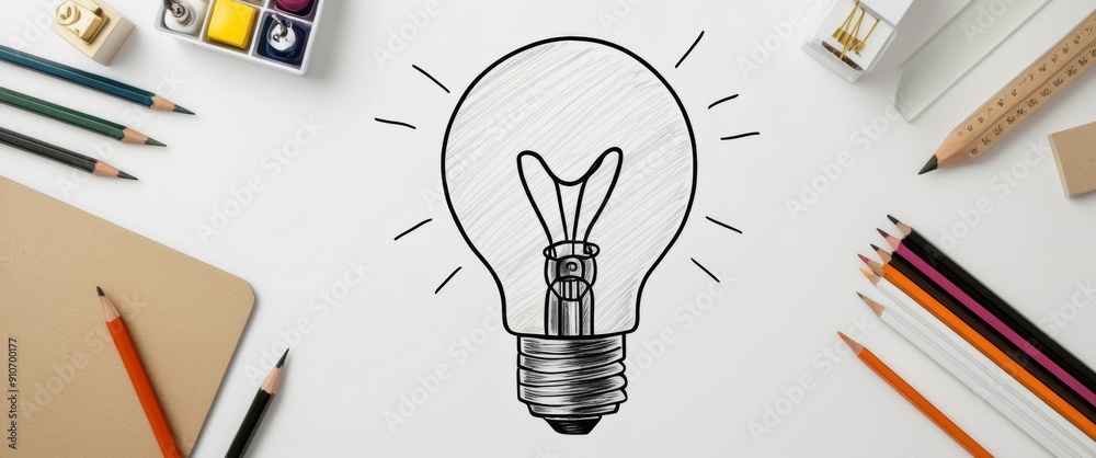Poster Abstract light bulb pencil sketch on white background with mock up place. Idea and innovate concept.