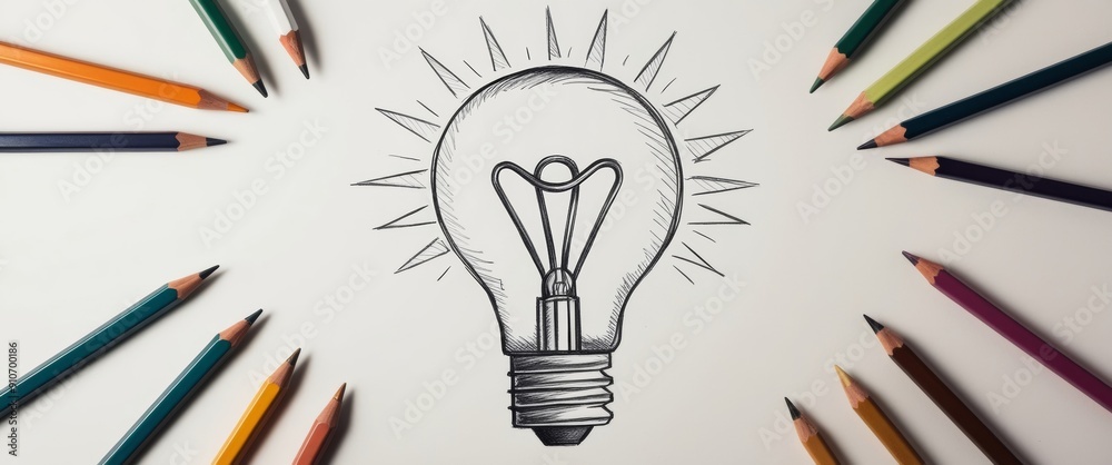 Poster Abstract light bulb pencil sketch on white background with mock up place. Idea and innovate concept.