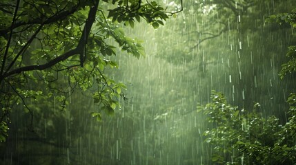A soft, rhythmic rainfall on a lush green forest, rejuvenating the earth