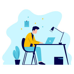 Flat Design Illustration of Man Entrepreneur Working with Laptop at Office