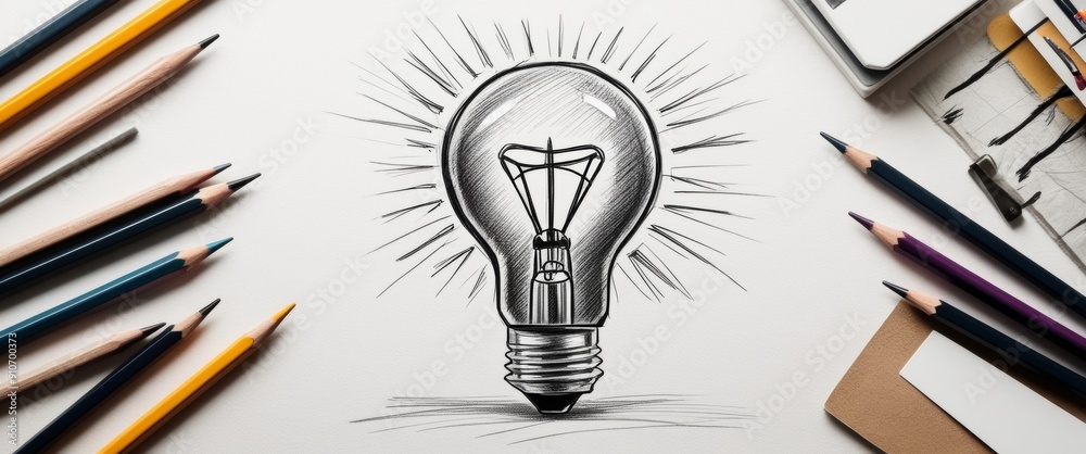 Aufkleber abstract light bulb pencil sketch on white background with mock up place. idea and innovate concept.