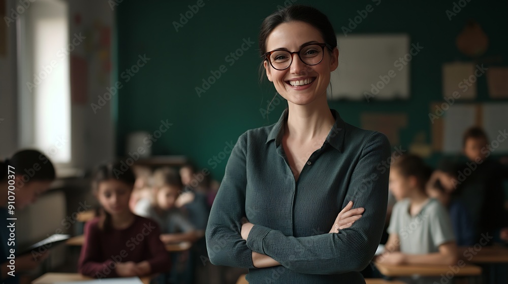Poster portrait of cheerful european female teacher standing in classroom during lesson with pupils studyin