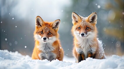 Fototapeta premium Cute red foxes playing in the snow , winter, animals, wildlife, nature, adorable, furry, playful, white, cold, forest, mammal
