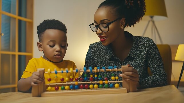 Black female teacher and little boy sitting at desk doing math using abacus early education concept : Generative AI