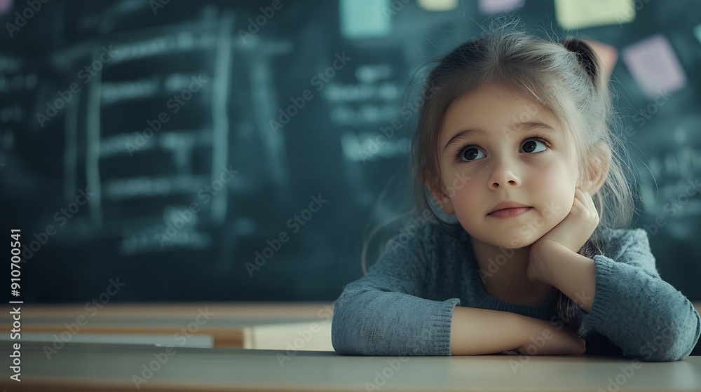 Poster a young girl attentively sits at a desk in front of a blackboard listening to her teachers instructi