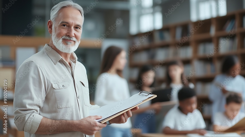 Poster portrait of mature teacher stand and hold clipboard with students in the background : generative ai