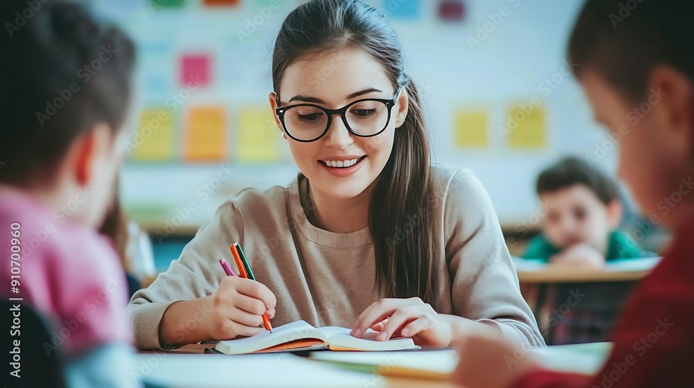 Aufkleber Teacher woman and help kid for education study or writing knowledge in notebook at class Child educator and student learning in lesson for development teaching and support at kindergar : Generative AI