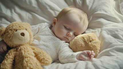 newborn baby sleep embrace plush toy on the bed : Generative AI
