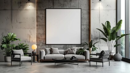 Modern living room with gray sofa, chairs, and a blank canvas