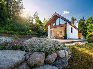Modern single-family home in an idyllic landscape with a well-kept garden