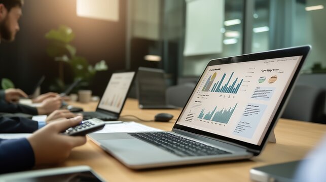 Businessman hand hold remote control slide with mock up chart slide show presentation on display laptop and television in meeting room : Generative AI