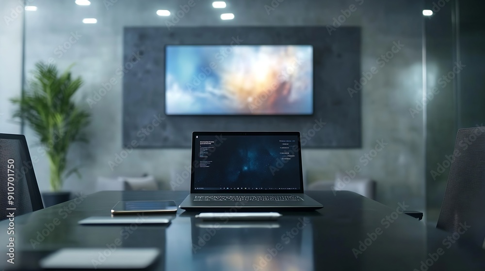 Poster slide show presentation on display laptop and television in meeting room : generative ai