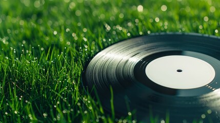 A vinyl record with a blank label, placed on a neon green and yellow background. The vibrant neon light provides clear copy space. The lighting is smooth and diffused, creating a modern lookd