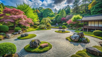 Zen meditation landscape featuring a tranquil Japanese spring garden, Zen, meditation, landscape, Japan, spring