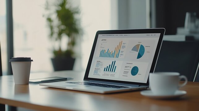 Top view mock up sales summary slide show presentation on display laptop with coffee cup on table in meeting room : Generative AI