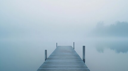 Fototapeta premium Jetty at the lake in the fog Misty landscape in the morning Idyllic nature by the water Rest and relaxation : Generative AI