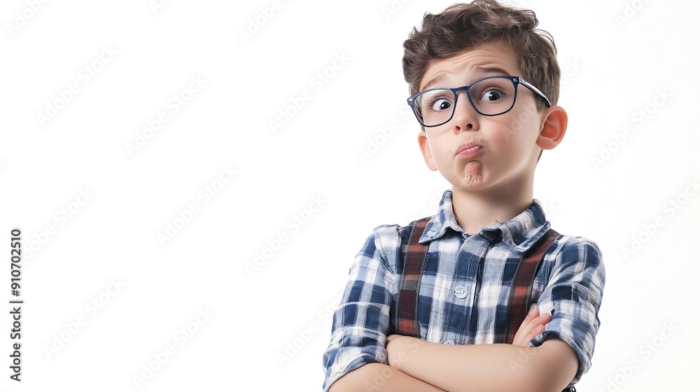 Poster young caucasian child education teacher isolated on white background looking sideways with doubtful 