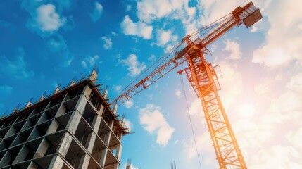 Naklejka premium Construction Crane Lifting Materials to a Partially Built Concrete Building