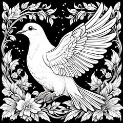 Fototapeta premium Black and White Dove Illustration with Leaf Background