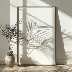 Clean and Simple: Empty Small Vertical Frame Mockup on Wooden Floor - Great for Presenting Artwork or Photos.
