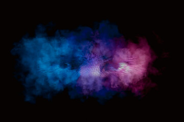 Eyes staring out of the smog. cyberpunk color blue and pink on a black background. Abstract background