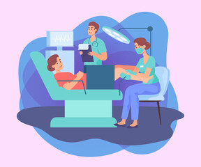 Female obstetrician examining pregnant woman in chair. Examination of patient in gynecologist office flat vector illustration. Pregnancy, childbirth, health concept for banner or landing page