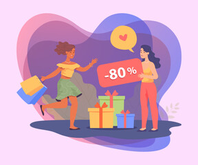 Female shop seller giving discount to happy customer. Woman buying clothes on sale flat vector illustration. Sale, marketing, shopping concept for banner, website design or landing page