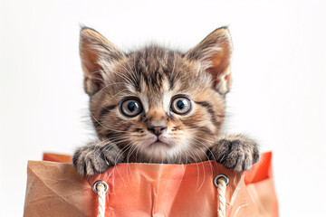 Adorably curious tabby kitten peeks out of colorful bag