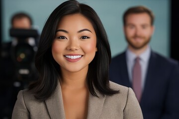 A confident professional woman poses for a photo, showcasing her friendly smile, with a camera crew in the background.