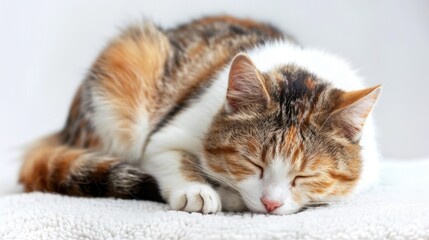 Fototapeta premium A tranquil image of a calico cat peacefully sleeping on a soft blanket, highlighting the serenity and comfort of a beloved pet's relaxation time.