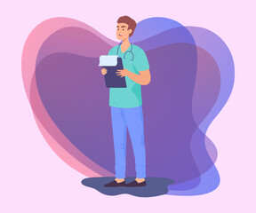 Male doctor in uniform with medical record. Doctor going to talk with patient flat vector illustration. Occupation, health, medicine concept for banner or landing page