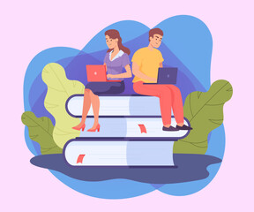 Man and woman sitting on huge books and studying on laptops. Two people or couple of students doing research together flat vector illustration. Education, knowledge concept for banner, website design