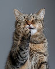 Obraz premium Adorable tabby cat with closed eyes licking paw, grey background, cute pet moment.