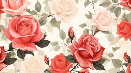 Seamless pattern of roses and leaves flat design side view Victorian theme watercolor complementary color scheme