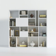 3D Render, Low Poly style of basic shelving unit with open compartments and minimal decoration, on isolated white background, Generative AI