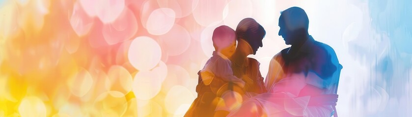 Fototapeta premium Family visiting a patient close up, focus on, copy space with warm watercolor hues Double exposure silhouette with supportive atmosphere