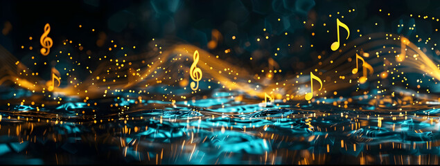 Vibrant musical notes floating above a shimmering cosmic wave, creating an enchanting atmosphere of sound and color.