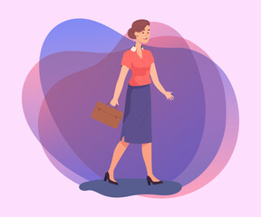 Smiling office worker with briefcase. Female cartoon character in formal wear going to work flat vector illustration. Business, work, office manager concept for banner