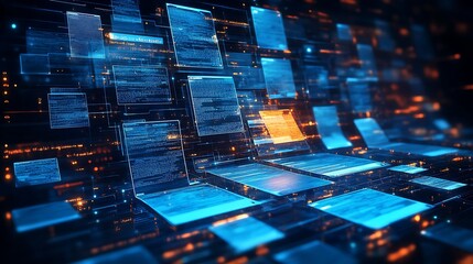 Obraz premium Abstract network grid with files and folders, futuristic software interface, digital document management system, store, search and organize documents, corporate business, paperless office