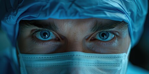 A focused gaze behind a surgical mask. AI.