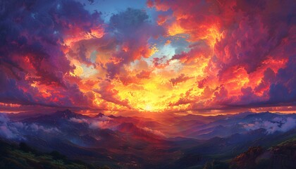 A vibrant sunset over a mountainous landscape, with fiery clouds dominating the sky