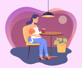 Young woman drinking coffee at pet cafe. Pet and eco friendly restaurant, female cartoon character with cat flat vector illustration. Pets, coffee shop concept for banner, website design