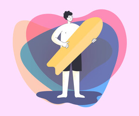 Young male cartoon character with surfboard. Man in swimming trunks going surfing flat vector illustration. Summer activities, traveling, hobby concept