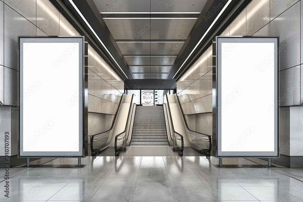 Wall mural Modern Interior with Two Blank Billboards and Escalators