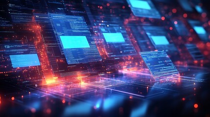 Obraz premium Abstract network grid with files and folders, futuristic software interface, digital document management system, store, search and organize documents, corporate business, paperless office