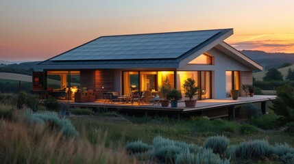 Wide Angle View of Modern Minimalist House with Solar Panels on Roof at Sunrise Showcasing Green Energy