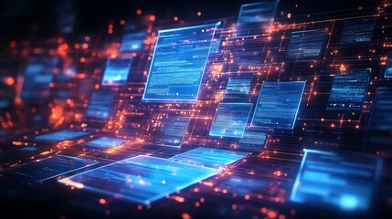  Abstract network grid with files and folders, futuristic software interface, digital document management system, store, search and organize documents, corporate business, paperless office